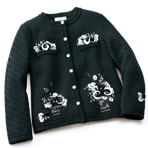 手刺しゅう入りノーカラージャケット／花かご