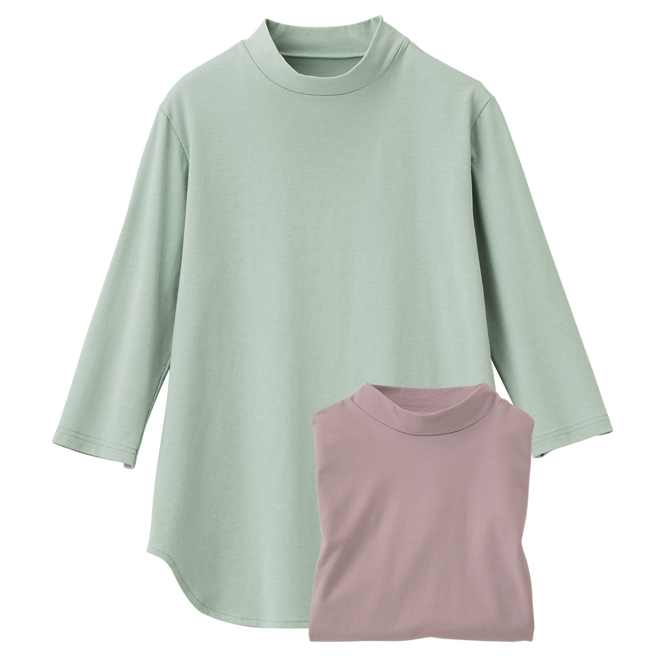 ベントクールハイネック七分袖チュニックTシャツ／2色セット