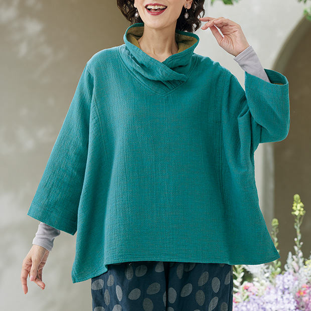 ドビー織りのバイカラーガーゼ七分袖プルオーバー