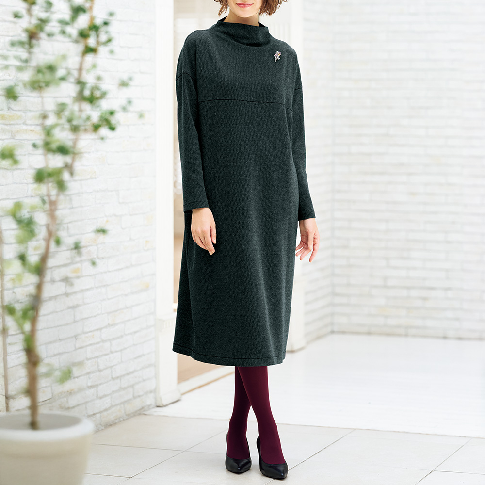 ウール混ミニヘリンボーン柄ジャージーワンピース