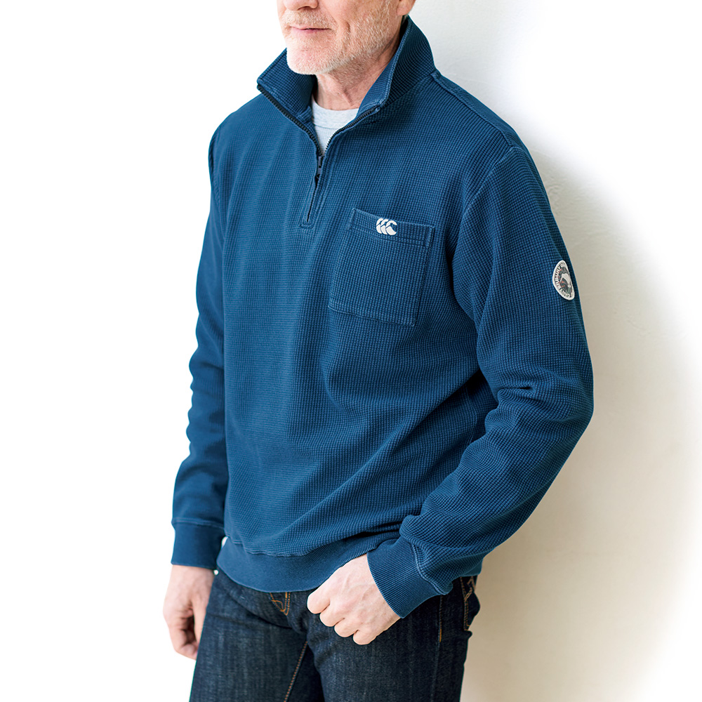 インディゴソリッド・ワッフルハーフジッププルオーバー