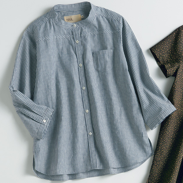 綿麻ストライプスタンドシャツ／当社限定モデル