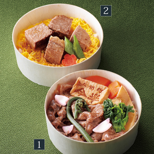 1.季節の御膳：春のすき焼御膳、2.肉御膳：牛角煮御膳