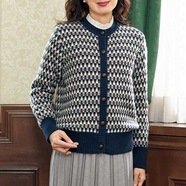 カシミヤ変形タック編みカーディガン