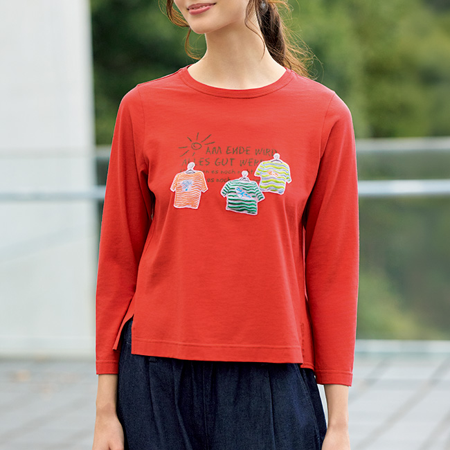 アップリケ八分袖Tシャツ