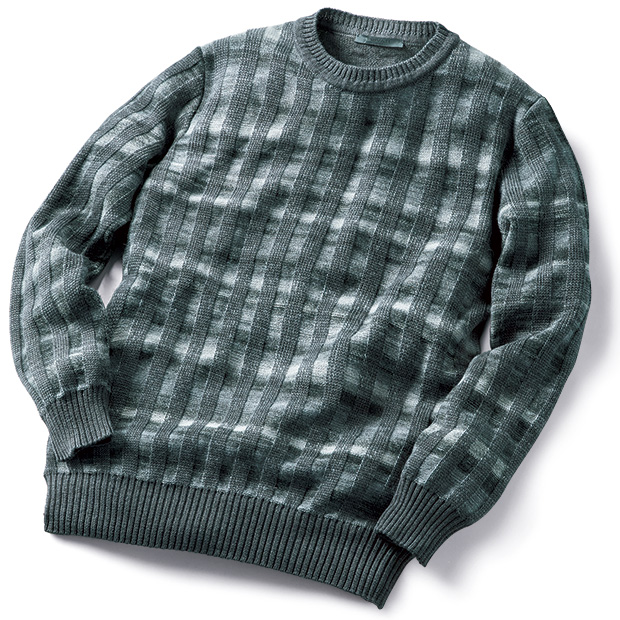 絣糸使いのジャカードクルーネックセーター