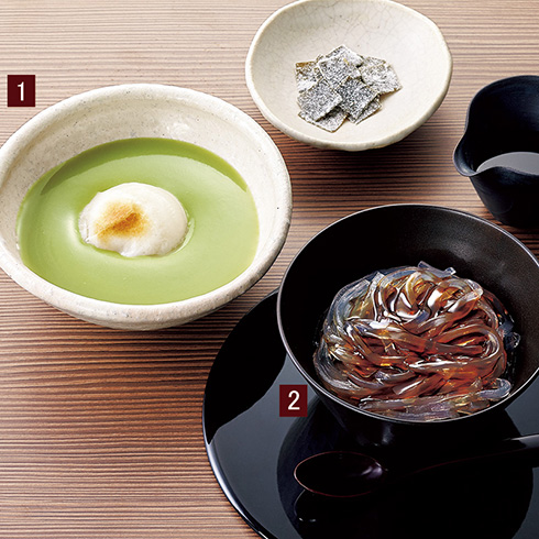 1.抹茶ミルクぜんざい、2.ところてん(黒みつ)