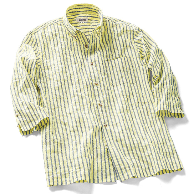 シャーリングストライプ七分袖B.D.シャツ