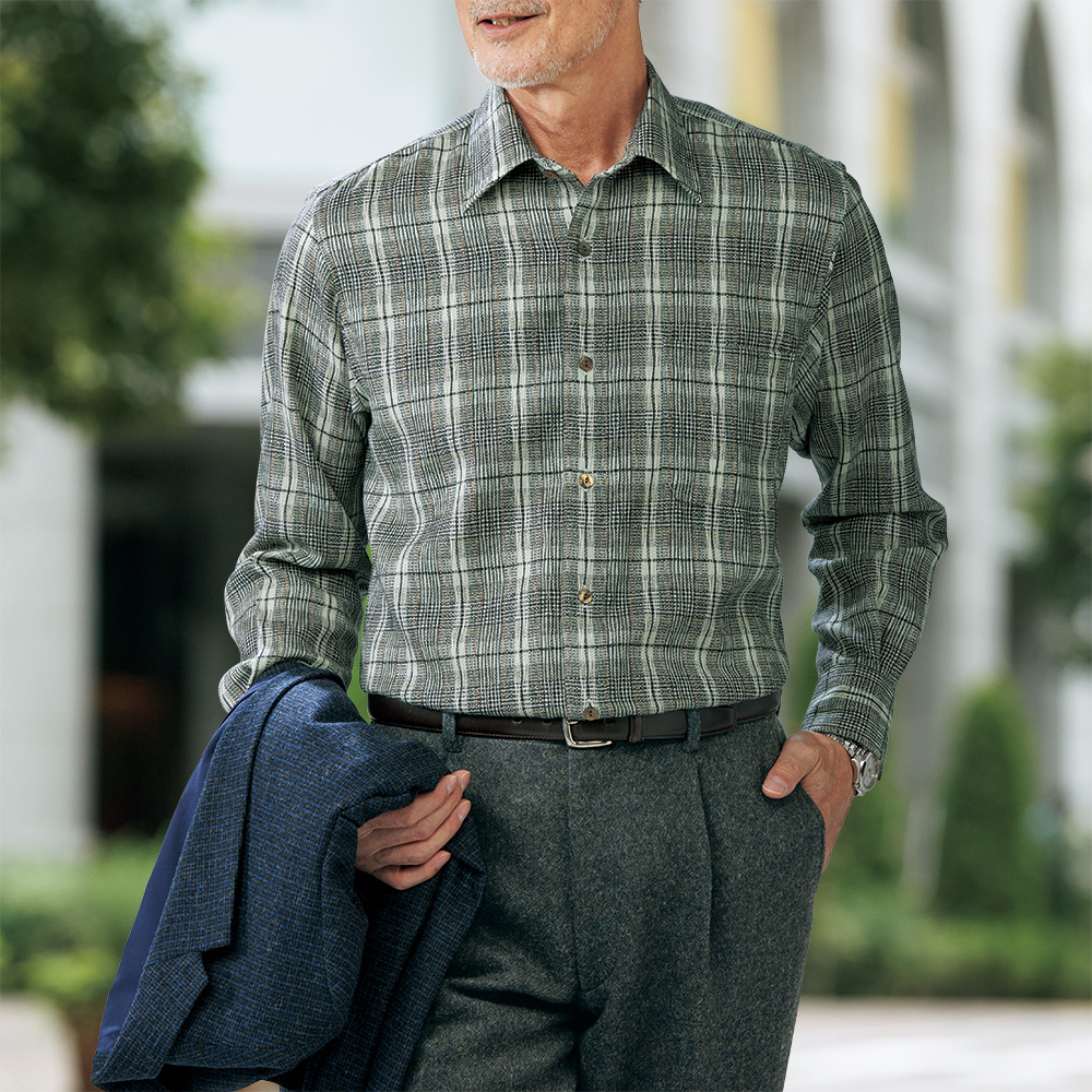 洗えるメリノウールチェックシャツ