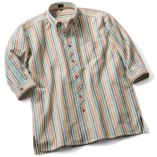 遠州木綿の隠しB.D.七分袖シャツ