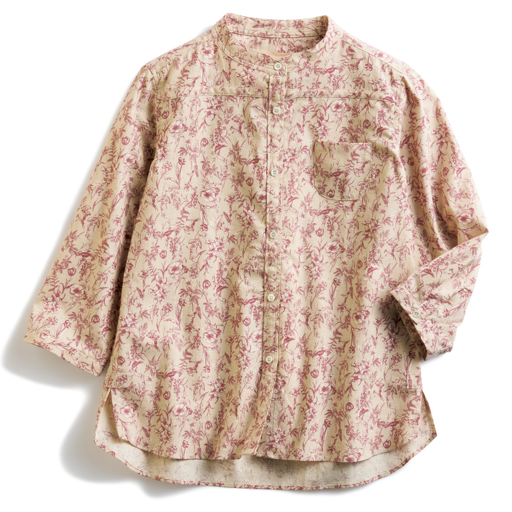 綿麻ボタニカル七分袖スタンドシャツ