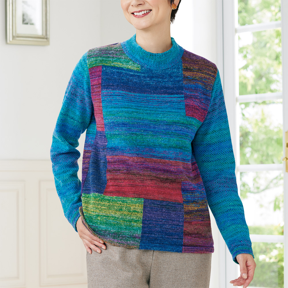 絣糸使いパッチワーク風ハイネックセーター