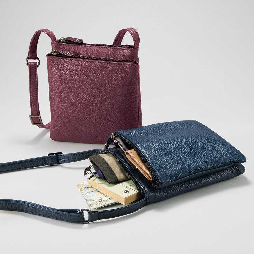 柔らかシボ革使いのミニポシェット／男女兼用