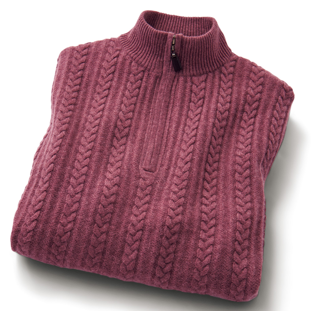 洗えるカシミヤハーフジップケーブル使いセーター