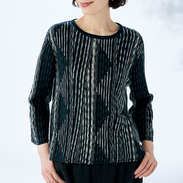 引き返し柄・七分袖プルオーバー