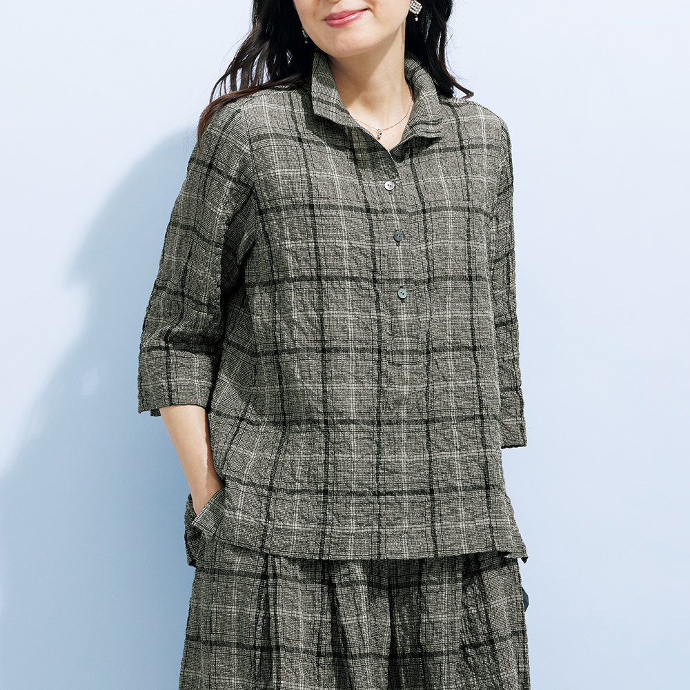 麻混チェックプルオーバー