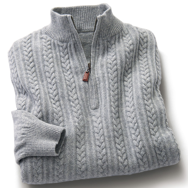 洗えるカシミヤハーフジップケーブル使いセーター