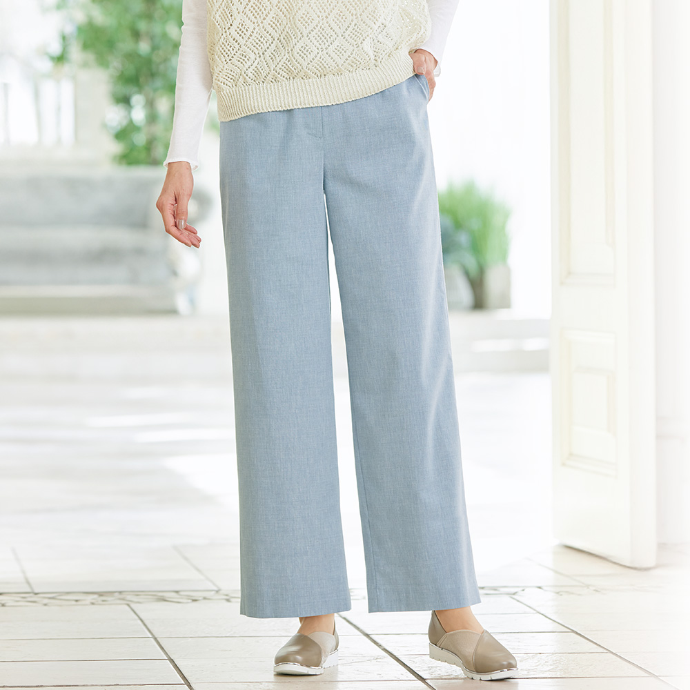 レティッシュシャンブレー･ストレッチワイドパンツ