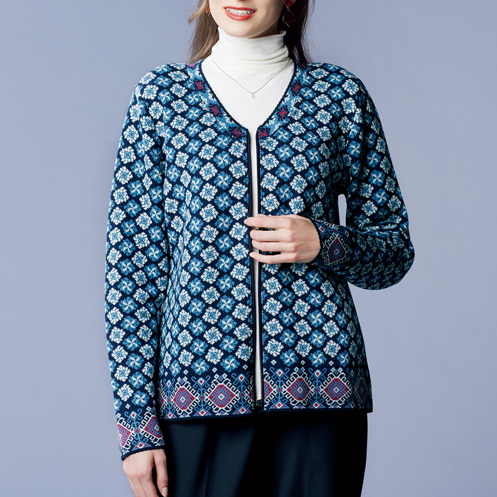 ジャカード編みジップカーディガン