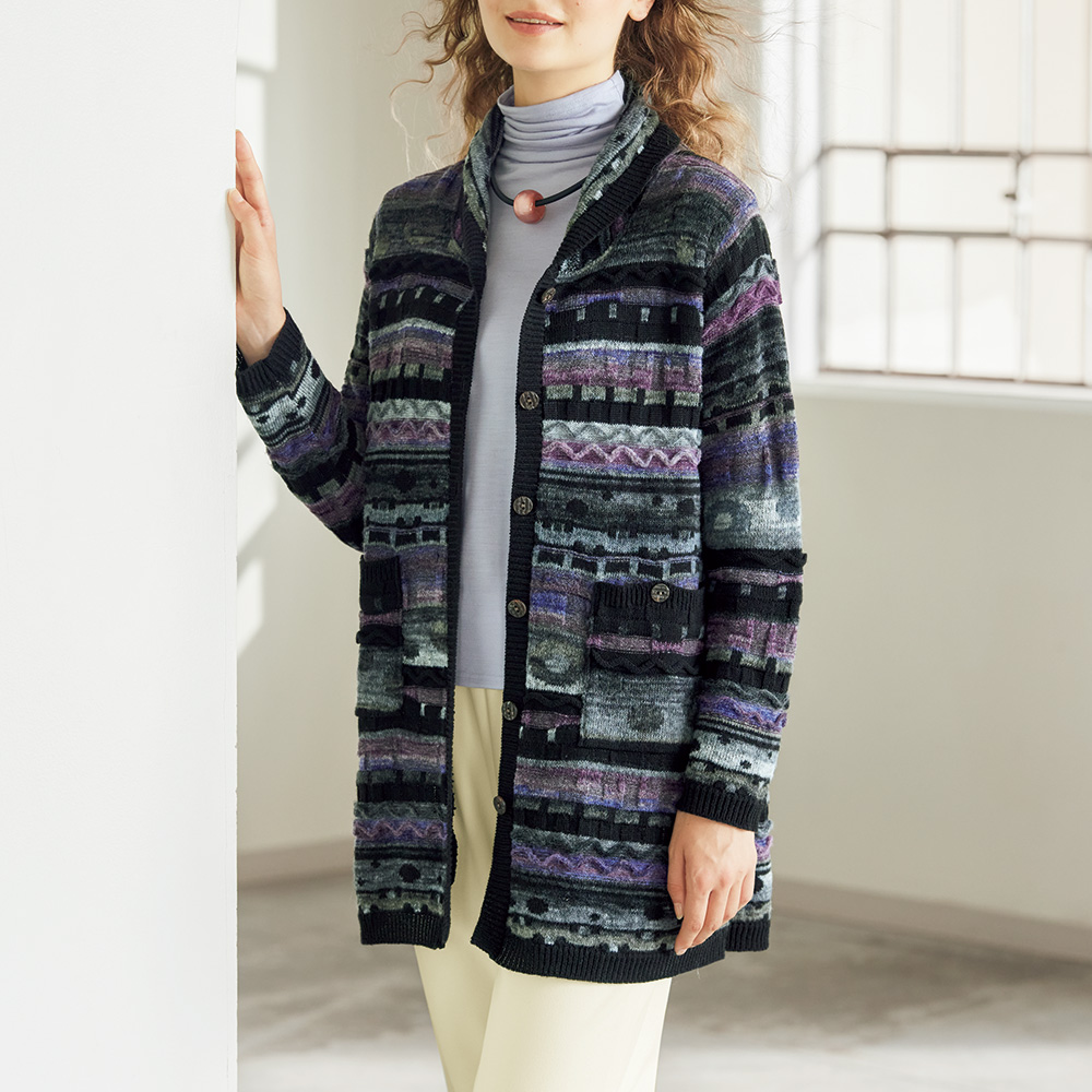 ウール混絣糸使いニットカーディガン