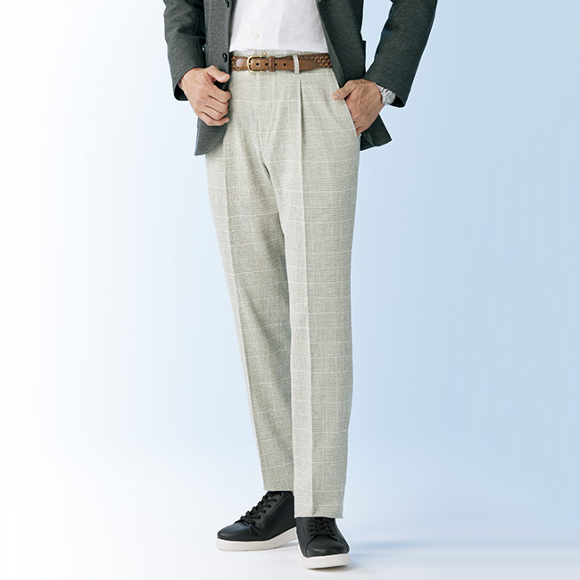 麻混グレンチェック･涼美スラックス