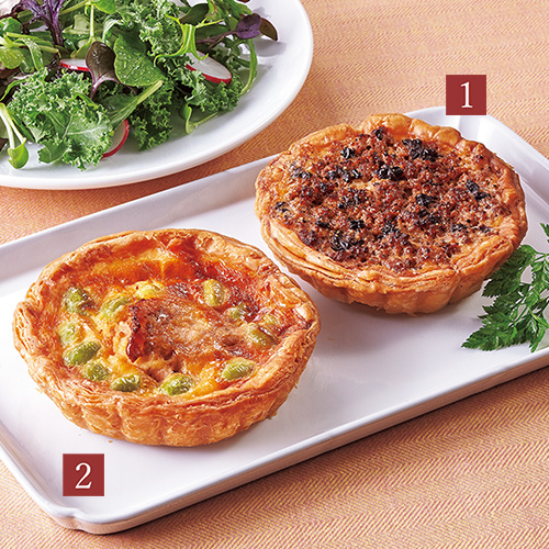 1.ひき肉とブラックオリーブ、2.ほたてと枝豆