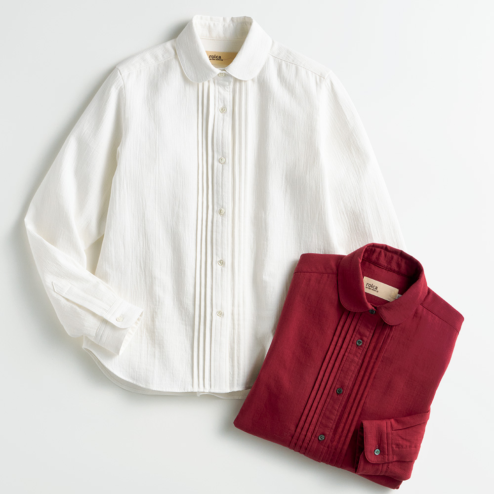 コットンダブルクロスピンタック丸襟シャツ