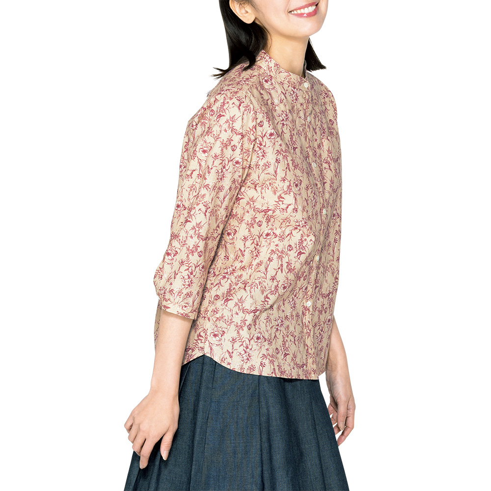 綿麻ボタニカル七分袖スタンドシャツ