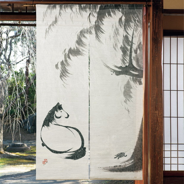 手描きのれん「若冲画･柳下馬図」