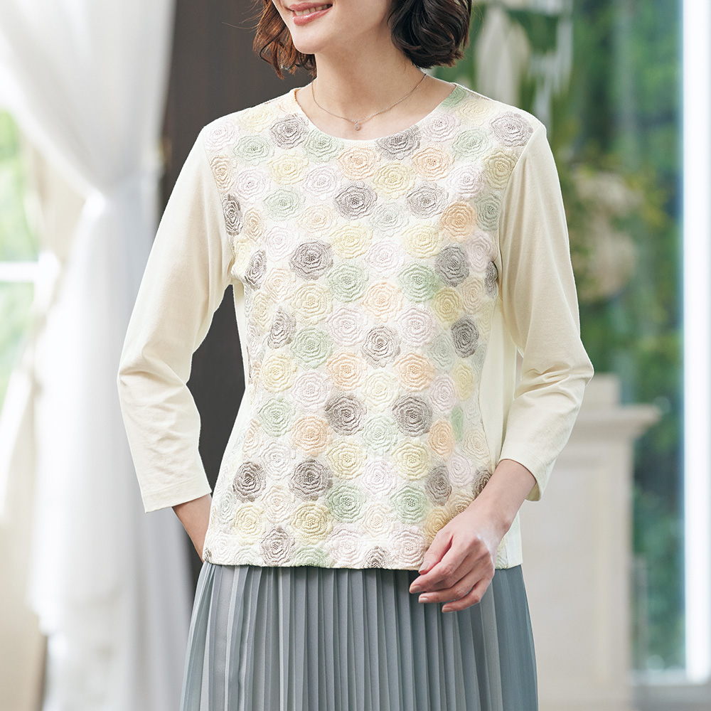 スラブ天竺七分袖Tシャツ／モネのバラ