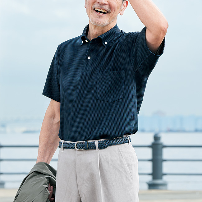 動体裁断･トリコットメッシュ台襟付ポロシャツ