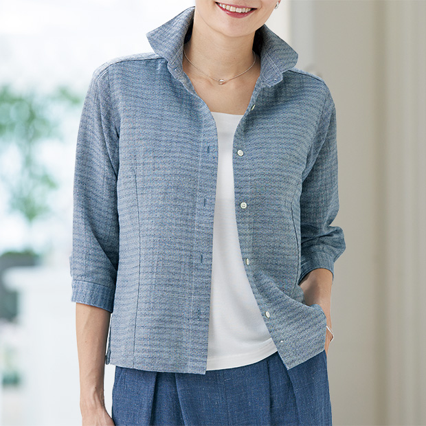 麻混シャンブレージャカードシャツ