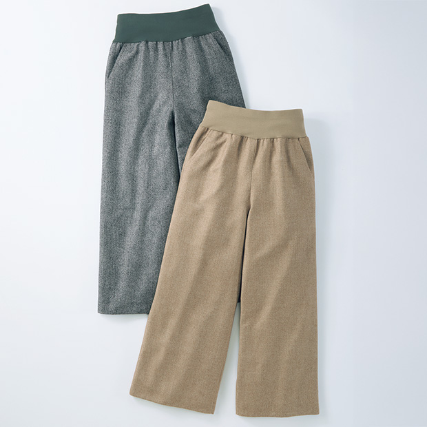 尾州産ウールカシミヤ混ヘリンボーン柄ワイドパンツ