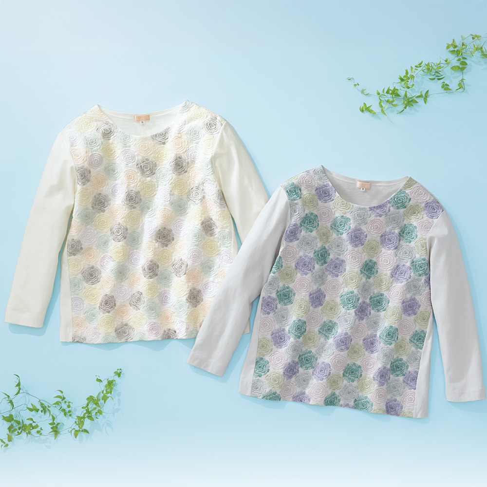 スラブ天竺七分袖Tシャツ／モネのバラ