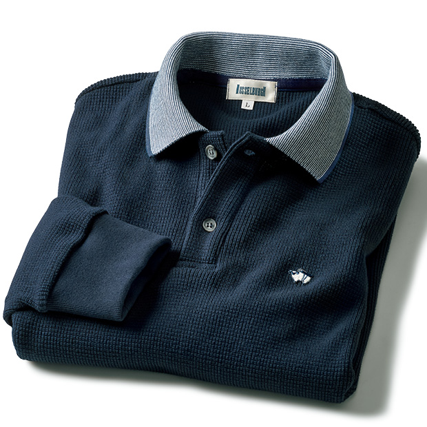 旧式編機の畦編み長袖ポロシャツ