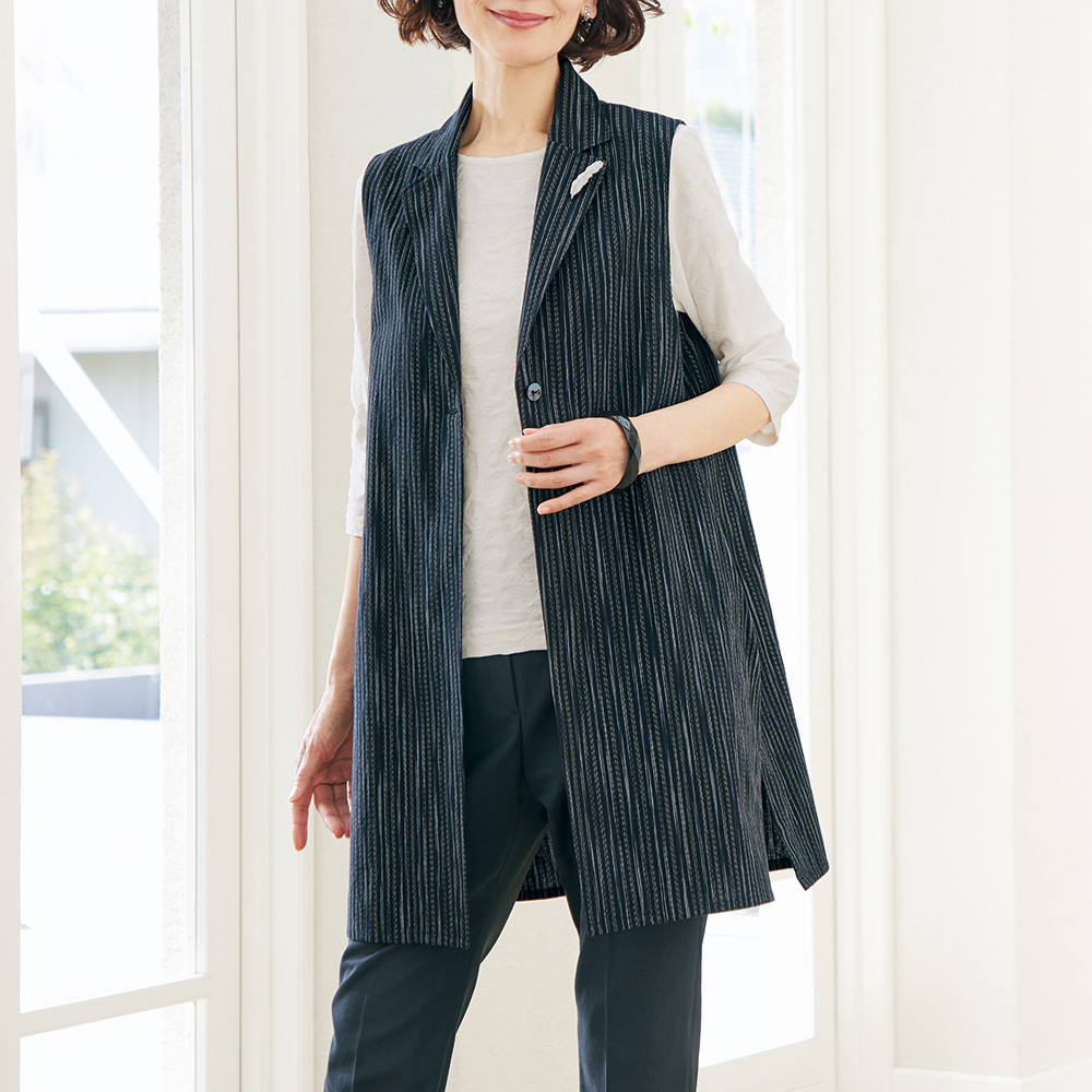亀田縞･襟付きロングベスト