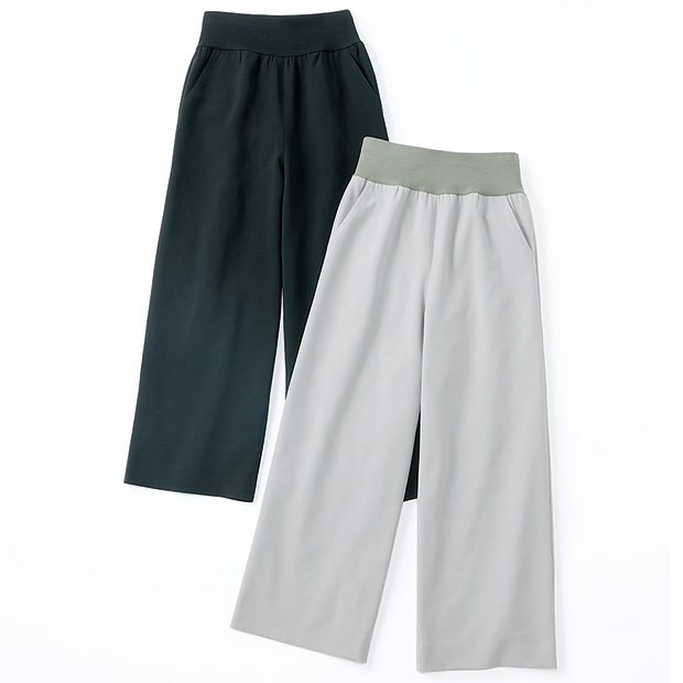 ウエストニットの二重織りワイドパンツ