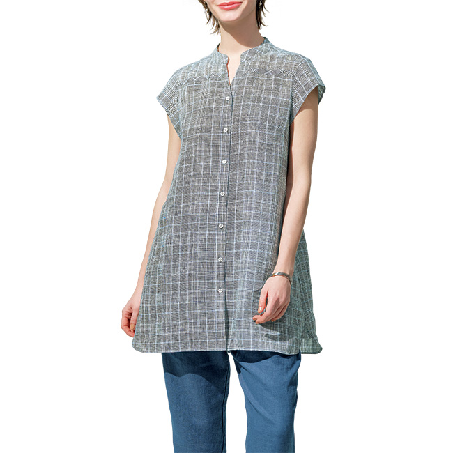 リネングレンチェックロングシャツ