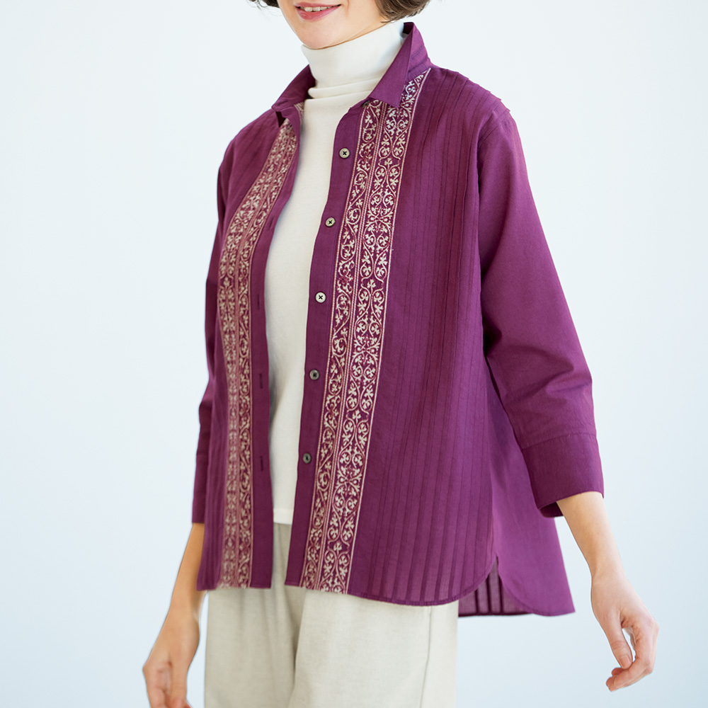 スーピマ綿八分袖ボトルネックプルオーバー