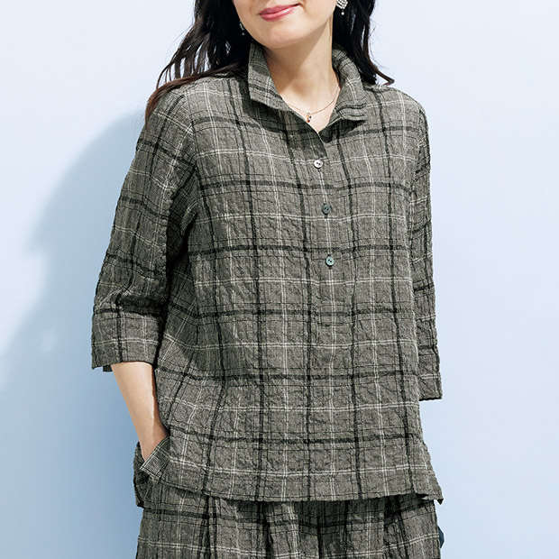 麻混チェックプルオーバー