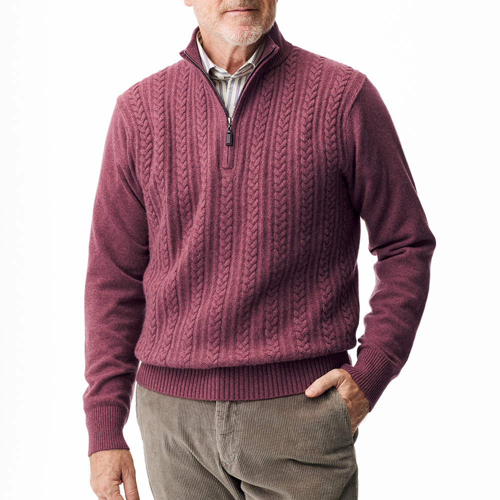 洗えるカシミヤハーフジップケーブル使いセーター