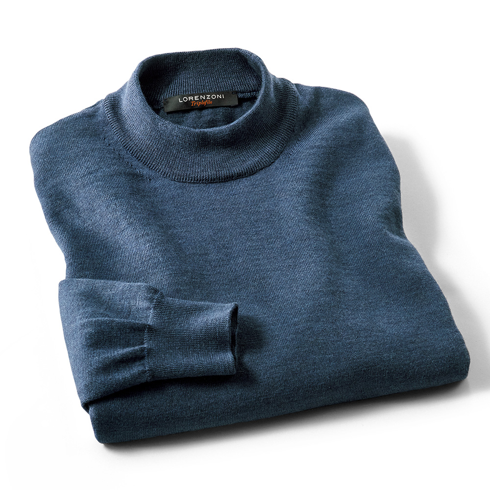 三子撚りウールの14ゲージ・モックネックセーター