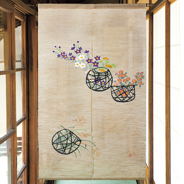 手描きのれん「花籠図」