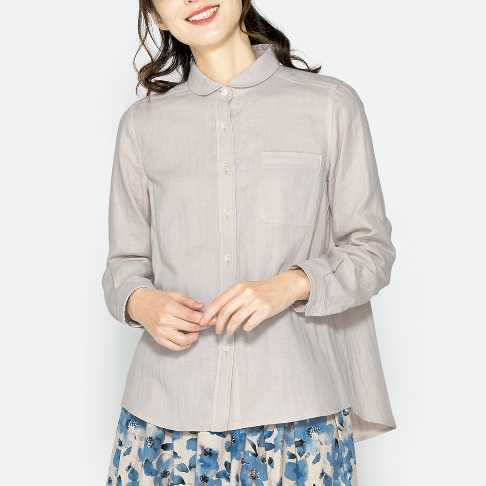 コットンガーゼオリーブオイル仕上げラウンドカラーシャツ