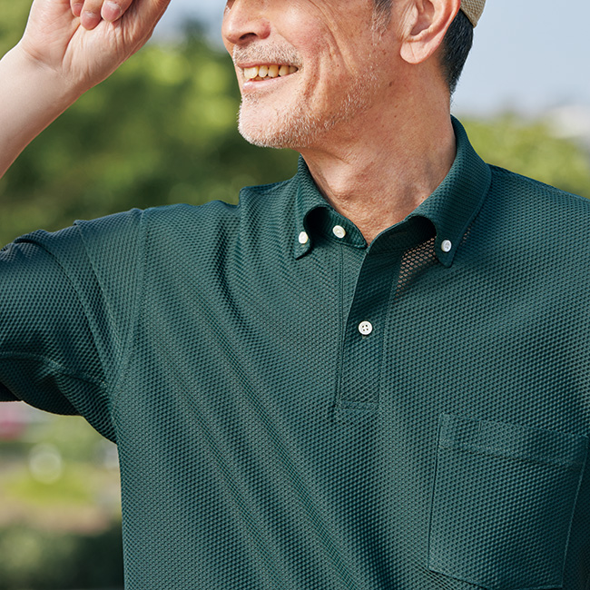 動体裁断･トリコットメッシュ台襟付ポロシャツ