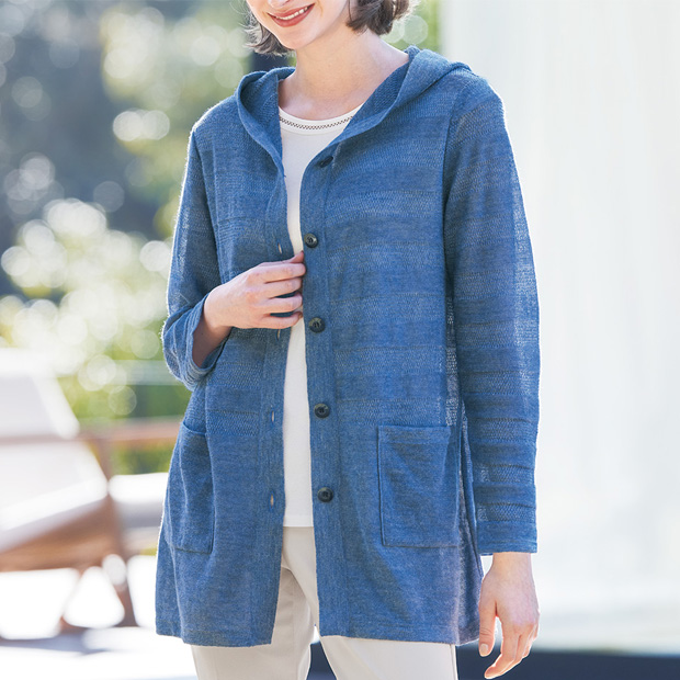 麻100％のライトニットパーカ