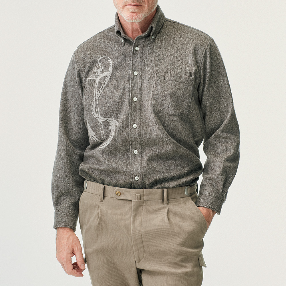 洗えるウール混･アンカーモチーフへリンボーンシャツ