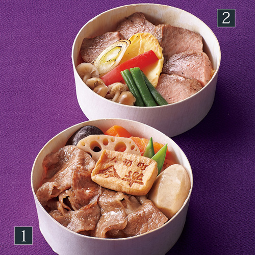 1.季節の御膳:冬のすき焼御膳、2.肉御膳:ステーキ御膳