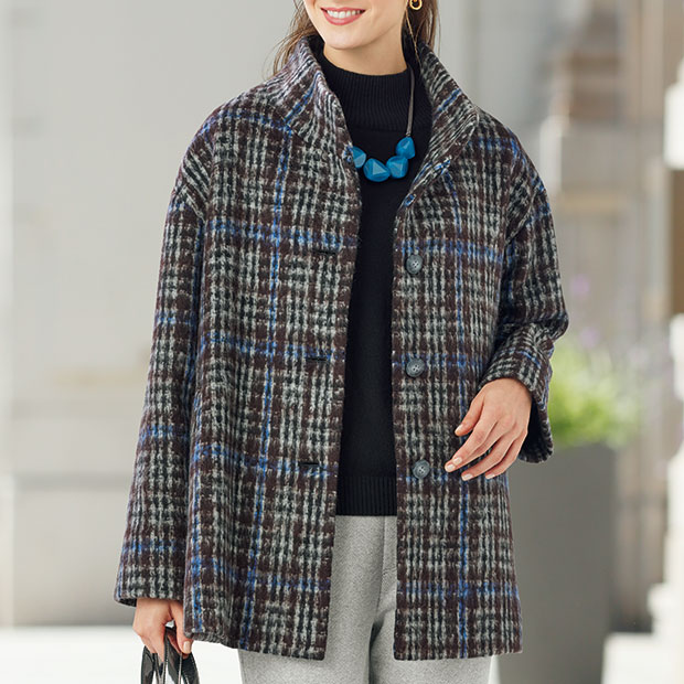 モヘヤ混シャギーチェックコート