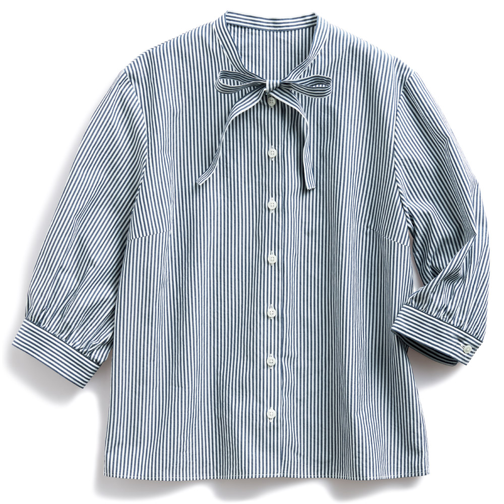 超長綿先染めタイプライターボウタイブラウス